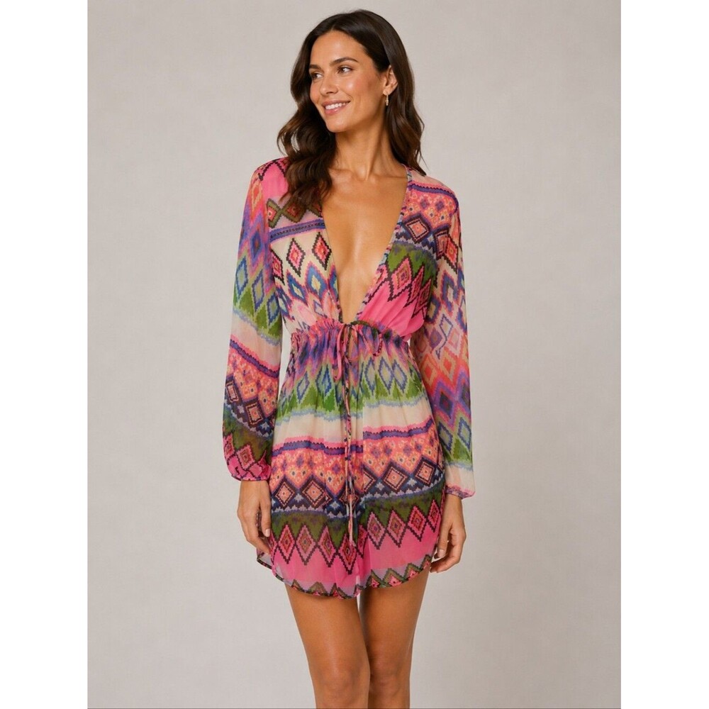 Fashion Fuse Sheer Aztec Southwestern Colorful Swim Cover Up, Small